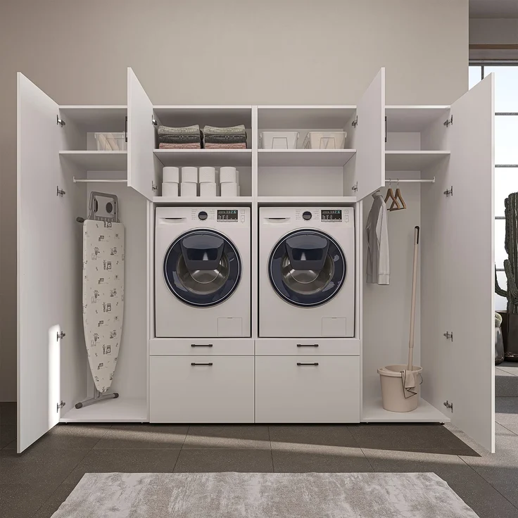 Roomart Waschmaschinenschrank SERIE-III Schrankwand 254 cm – 2 Geräte, Soft-Close | • Weiß – Bild 5