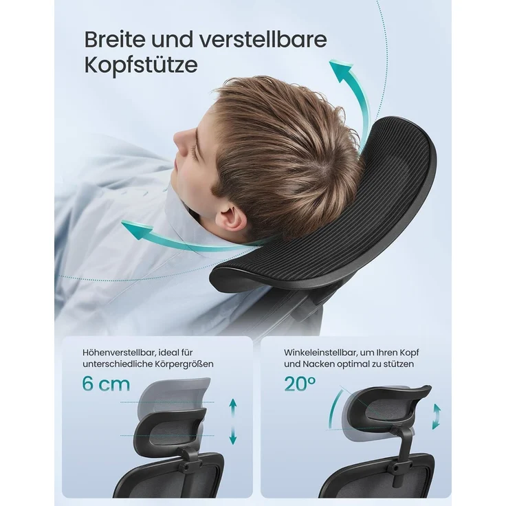 SONGMICS Bürostuhl, Schreibtischstuhl, ergonomischer Netzstuhl, mit doppellagigem Netzgewebe, atmungsaktiv, Adaptive Lendenstütze, verstellbare Kopfstütze, für Homeoffice, tintenschwarz – Bild 7