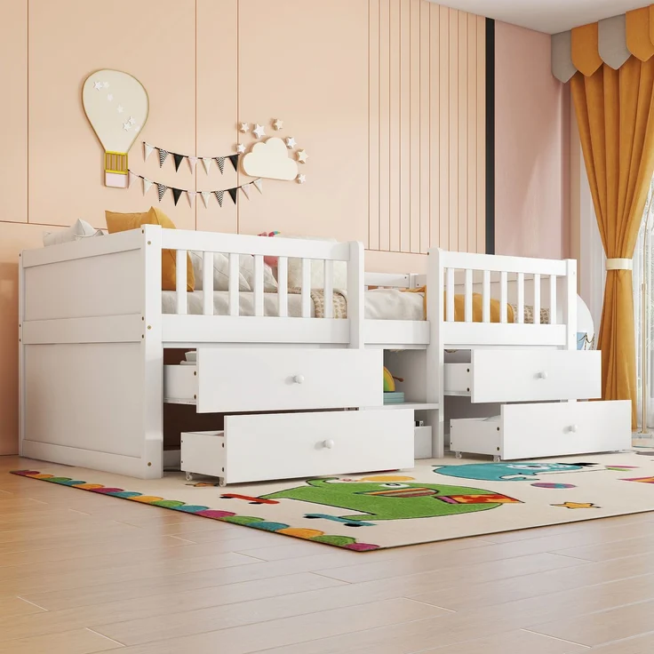 Halbhohes Bett, 90*200cm , 4 Schubladen, Geländer, Leiter, Kiefernholz, Ohne Matratze, Minimalistischer Stil, Weiß – Bild 4