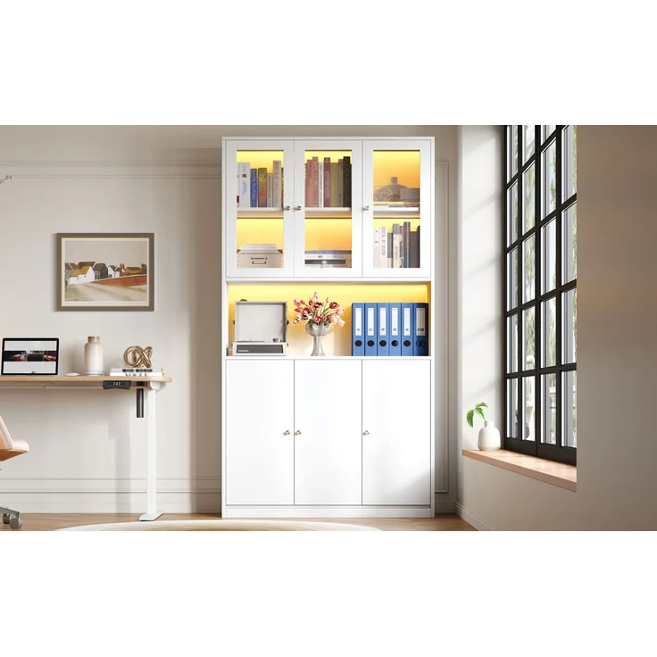 ZUBALIYA Bücherschrank 100×35×200 cm mit Glastüren und LED-Beleuchtung – Standregal mit Vitrine, offenem Fach und 3 Türen, Aktenschrank für Ordner und Bücher, Weiß – Bild 11