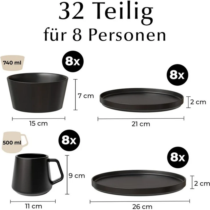 MiaMio Geschirr-Set Luxe Geschirrset 32-tlg Schwarz – Bild 3