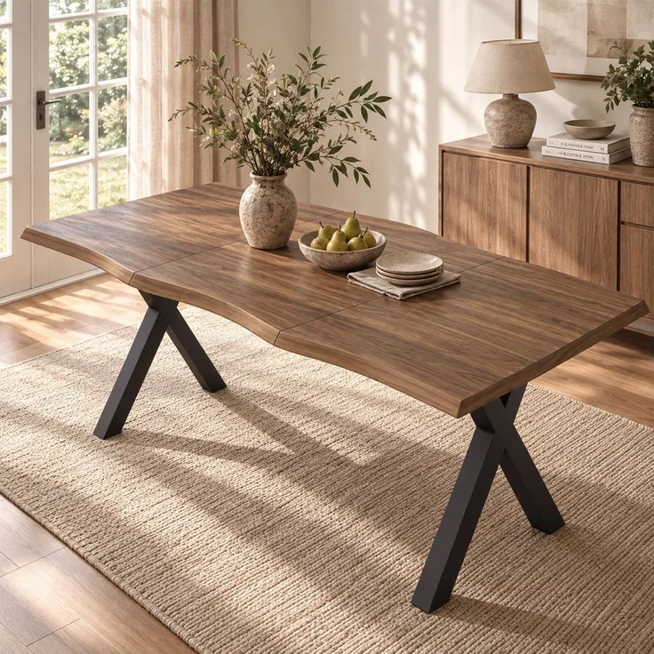 Merax Esstisch 160*78*75cm, geeignet für 4-6 Personen, Wellenförmiges Tischplattendesign, verdickte Tischplatte, X-förmige Eisenbeine, Walnussholzfarbe