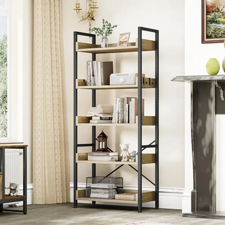 YITAHOME Bücherregal 5 Etagen, Bodenstehendes Bücherregal, Holzregal und stabiles Stahlrahmenregal mit 4 Haken Industrielles Lagerregal für Wohnzimmer, Heimbüro, Eiche Farbe – Bild 2