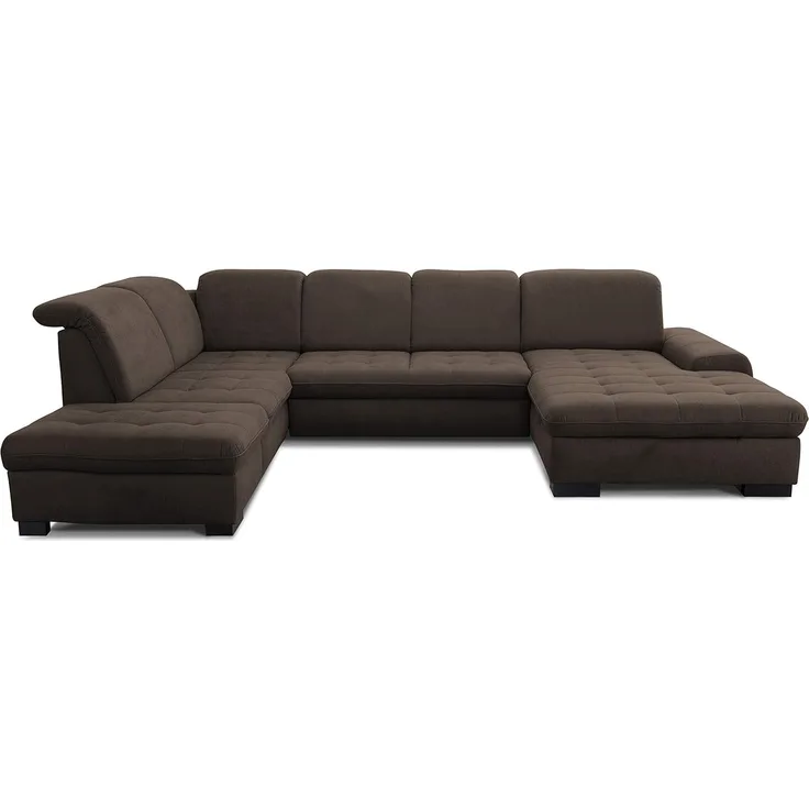 CAVADORE U-Form Lexi mit XXL-Longchair / Inkl. Bett, Bettkasten, Stauraum und Kopfteilfunktion / Leichte Fleckenentfernung dank Soft Clean / 329x82-99x224 / Flachgewebe: Braun