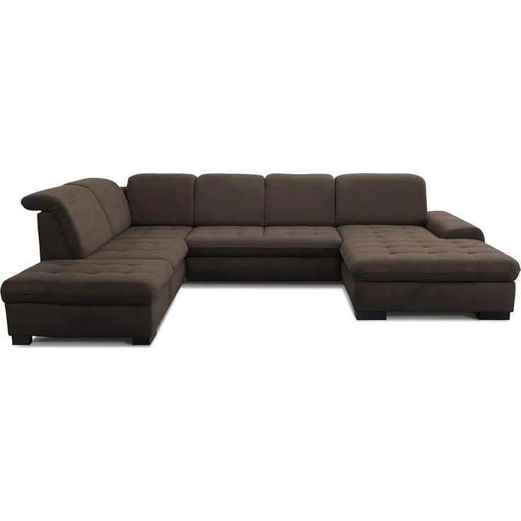 CAVADORE U-Form Lexi mit XXL-Longchair / Inkl. Bett, Bettkasten, Stauraum und Kopfteilfunktion / Leichte Fleckenentfernung dank Soft Clean / 329x82-99x224 / Flachgewebe: Braun – Bild 1