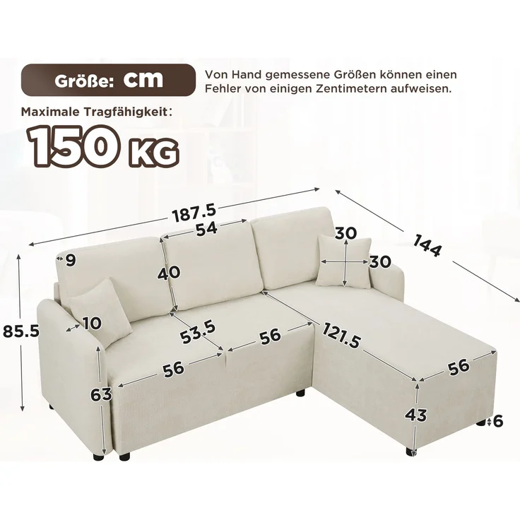 EINHOM L-Form Ecksofa 3-Sitzer mit langer Liegefläche (144 cm), hochwertiger Chenille-Bezug, hoher Sitzkomfort durch Hochdichteschaum, bis 150 kg Tragkraft inklusive 2 Kissen für Wohnung & Studentenwohnheim – Bild 5
