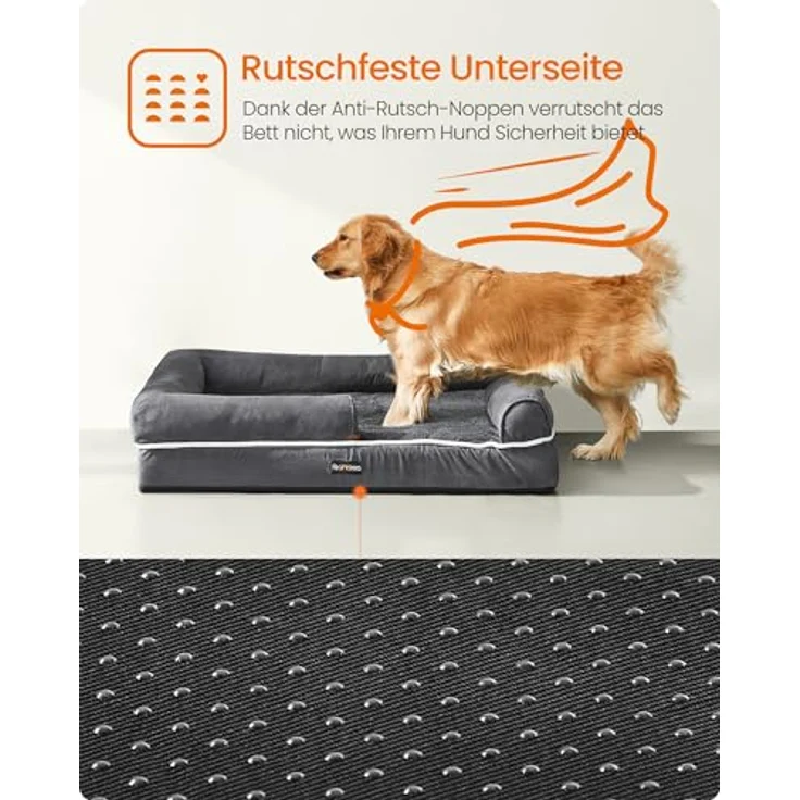 Feandrea Orthopädisches Hundebett, Hundekissen, Hundekorb, weiche Polsterung, Hundesofa, erhöhte Ränder, Bezug abnehmbar und waschbar, 112 x 86 x 18 cm, rutschfeste Unterseite, dunkelgrau PGW068G01V1 – Bild 9