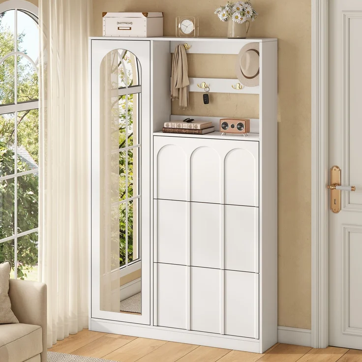Garderobenschrank 100x24x164 cm in Weiß mit Spiegel, 3 Schuhklappen und Haken – Bild 4
