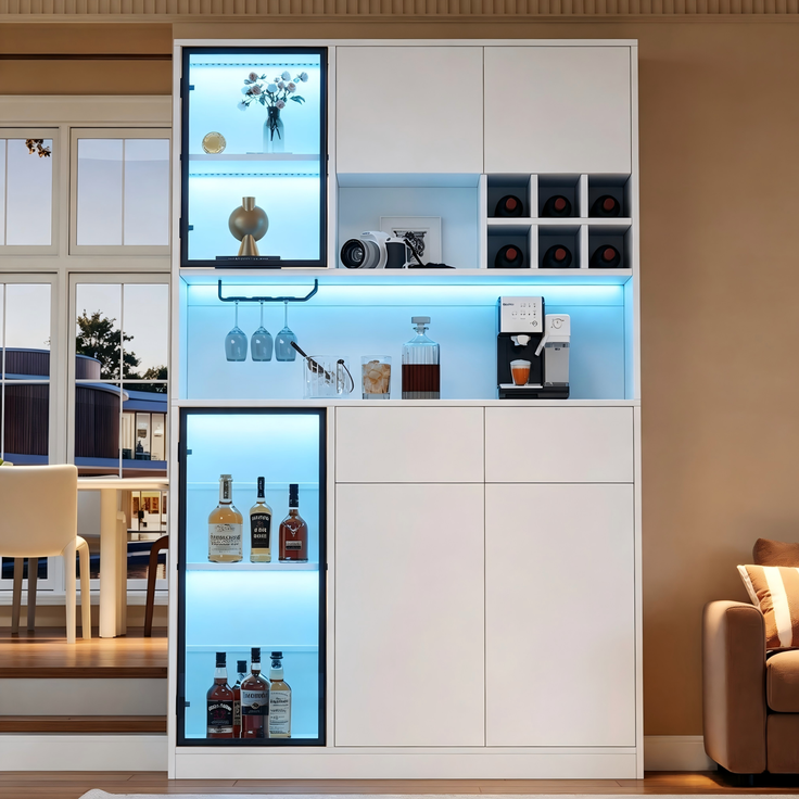 Hochschrank 120 x 33 x 200 cm in Weiß mit LED-Beleuchtung, Glastüren und Schubladen – Bild 4