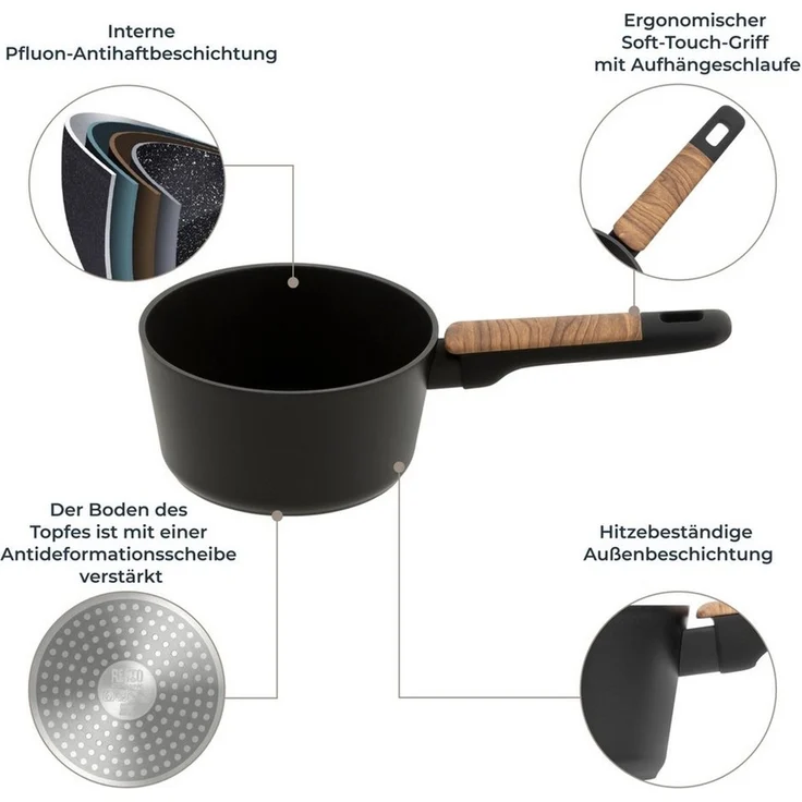 RESTO Kitchenware Kasserolle Mon, Topf 1,4 l, antihaftbeschichtet und spülmaschinenfest, Aluminium (2-tlg), mit Glasdeckel und stoßdämpfendem Silikonrand, im Geschenkkarton – Bild 4