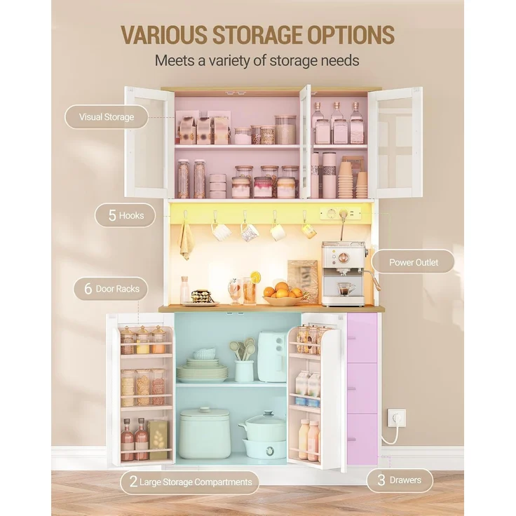 Hzuaneri Küchenschrank, mit 6-Stufigem Regal, 5 Schranktüren und 3 Schubladen, LED & Steckdosenleiste, Eiche-Weiß, 40 x 100 x 180 cm – Bild 3
