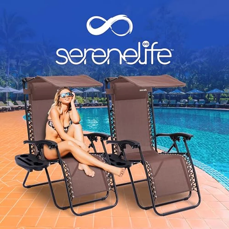 SereneLife Sonnenliege Klappbar 2er Set, Gartenliege Wetterfest zum Liegen & Relaxen, Deckchair mit mit Sonnendach, Beistelltisch & Getränkehalter, Campingstuhl Verstellbar mit Stahlrahmen bis 120 KG – Bild 3