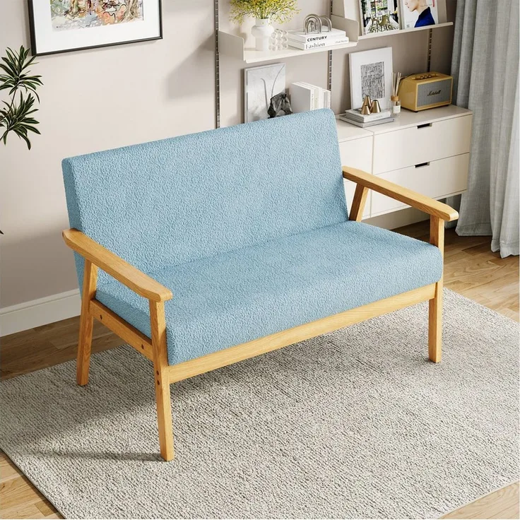 YOLEO 2-Sitzer Stoffsofa Couch mit Holz Armlehnen Loungesofa, 107x60x77cm