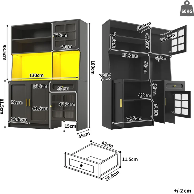 Küchenschrank, hoher Küchenschrank Sideboard Küchenschrank mit Glastüren und LED-Beleuchtung, MDF/Glas, Schwarz, 130 x 45 x 180 cm – Bild 5