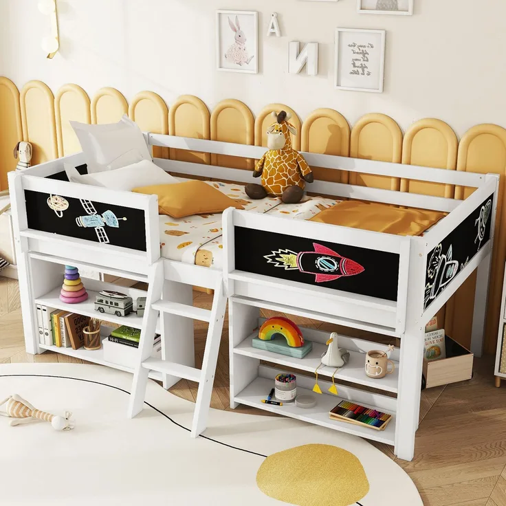 Kinder Halbhohes Bett 90x200 cm mit Aufbewahrungsfächern,Sicherheitsgeländer,stabile Leiter, Zeichentafel,multifunktionales Hochbett