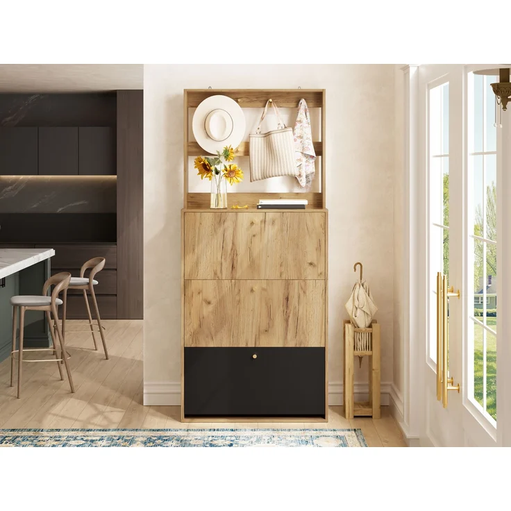 ZUBALIYA Schuhschrank (75 x 24 x 180 cm), Haken zur Aufbewahrung, Aus Spanplatte, Stauraum für Flur und Eingangsbereich, Schwarz / Naturfarben – Bild 7
