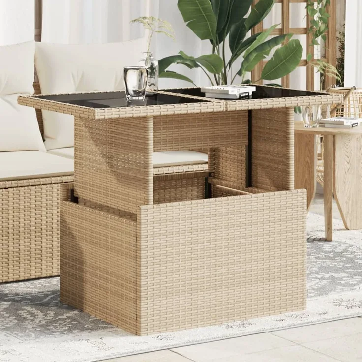 Gartentisch, Balkontisch mit Glasplatte Beige 100x55x73 cm Poly Rattan