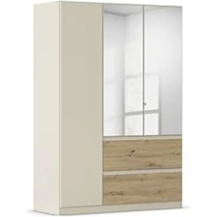 Rauch Möbel Costa, Kleiderschrank für Schlafzimmer, Kinderzimmer, Babyzimmer, Garderobe, 3-türig, mit Spiegel, 2 Schubladen, Push-to-Open, Zubehör Basic, Farbe Beige/Eiche Artisan, Holz, Breite 136 cm