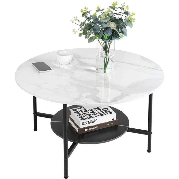 FATIVO Couchtisch Rund Wohnzimmertisch Sofatisch Luxus aus Sinterstein Wei? 51x48x80cm Metall – Bild 3