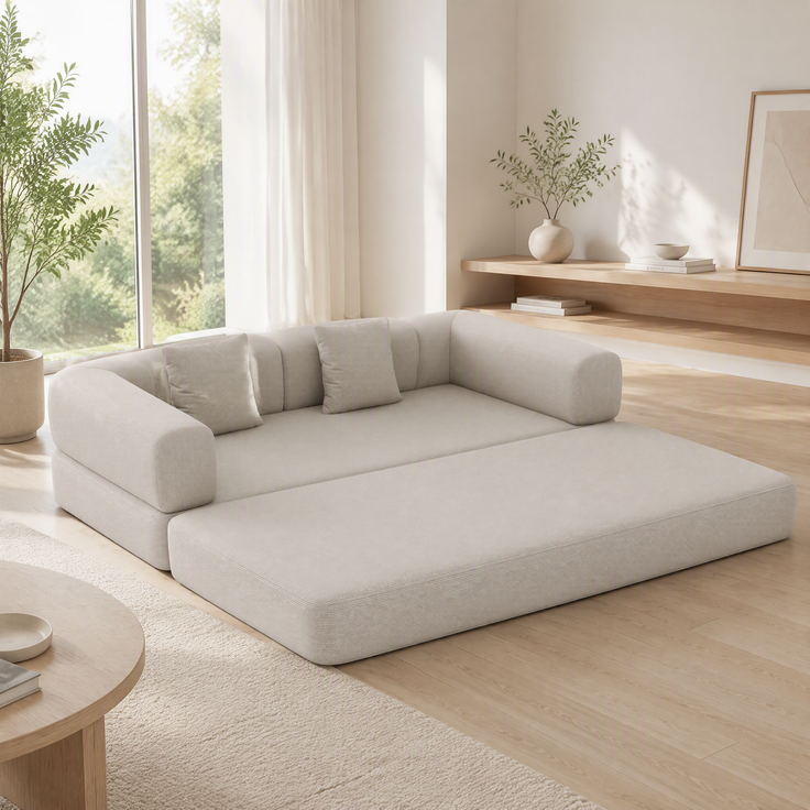 ZUBALIYA Corduroy klappbar Matratze Couch mit Fixed-Shape Rahmen / umwandelbar Sleeper Sofa Bett mit Cylindrical Kissen, 200.00 x 100.00 x 70.00 cm, fürs Schlafzimmer, Off Weiß