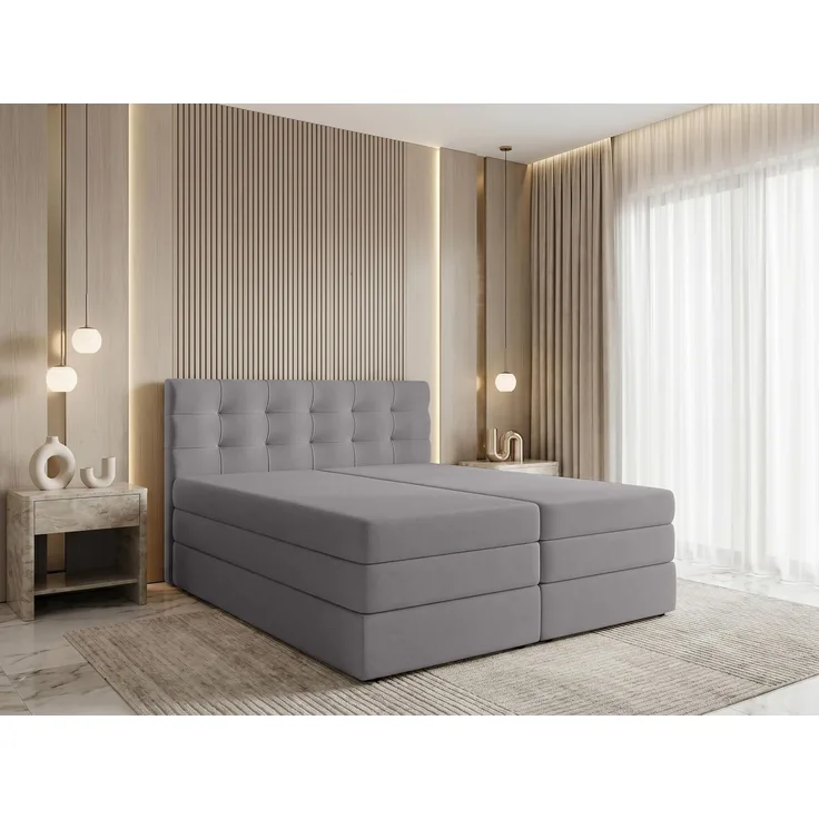 AX LIVING Finike Polsterbett 180x200 cm mit Topper, Boxspringbett, Hellgrau