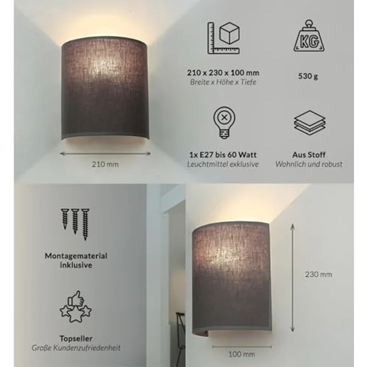 Licht-Erlebnisse Kleine Wandlampe E27 Stoff, Grau, Up Down Wandleuchte Schlafzimmer Flur Innen, B:21 cm, halbrunde Wandbeleuchtung, Landhaus, blendarm, Wandlampe Innen für Treppenhaus – Bild 6