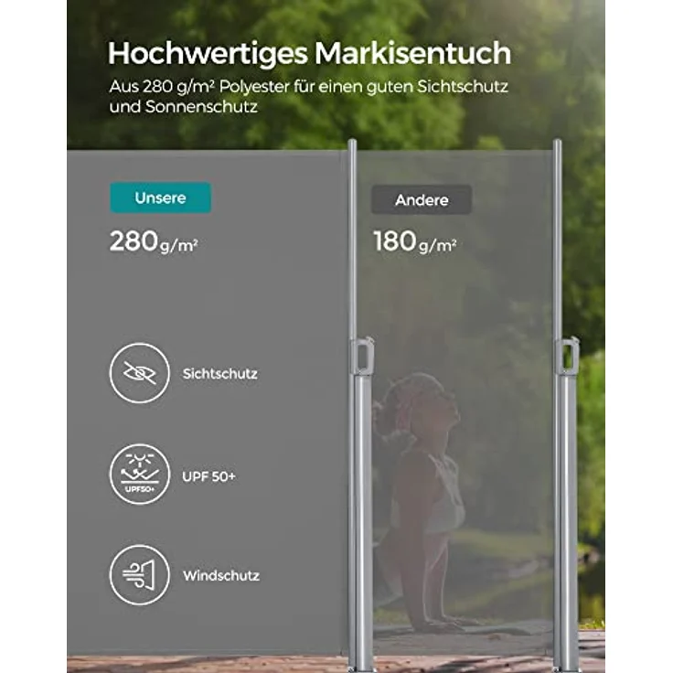 SONGMICS Alu-Seitenmarkise, ausziehbar, 180x400 cm, Blickdicht, Sonnenschutz, blickdicht, Seitenrollo, für Balkon, Terrasse, Garten, grau GSA184G03 – Bild 5