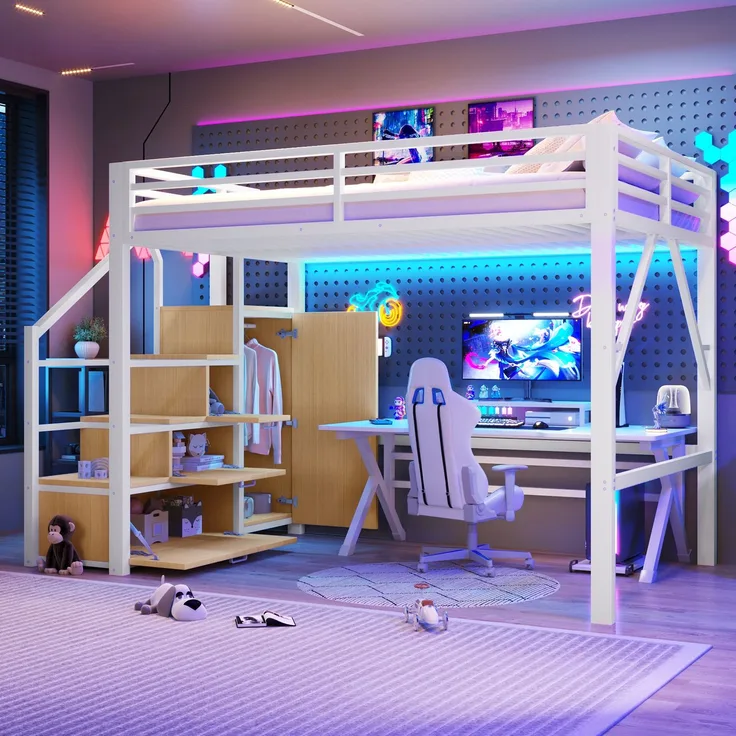 U-life Metall-Hochbett 140x200 cm mit Kleiderschrank, Staufächern, Treppe und LED-Beleuchtung, Weiß