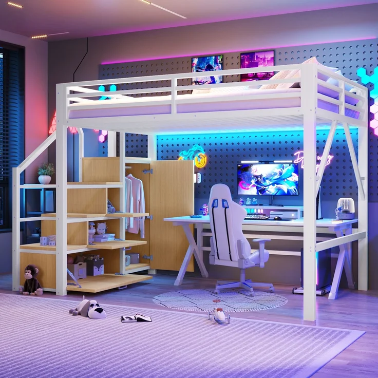 U-life Metall-Hochbett 140x200 cm mit Kleiderschrank, Staufächern, Treppe und LED-Beleuchtung, Weiß – Bild 1