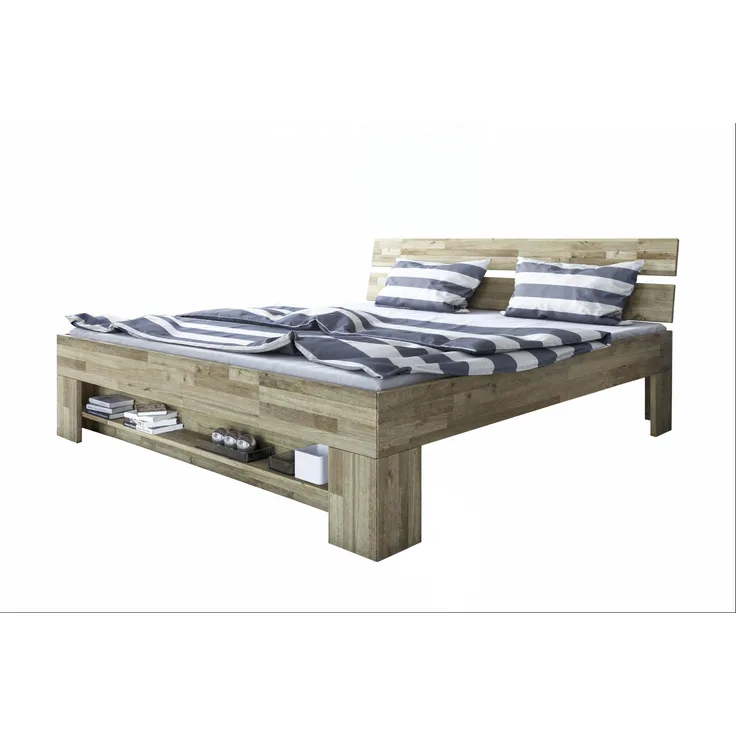 Massivholzbett >Link< Fußteilregal, Liegefl. 180x200, Wildeiche massiv - 185x88x215cm BxHxT