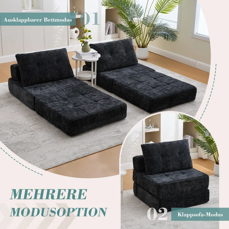 LVHOM Schlafsofa mit Schlaffunktion und Kissen, tragbares Klappsofa mit Rückenlehne, bis 200kg, für Wohnzimmer Büro, Schwarz – Bild 3