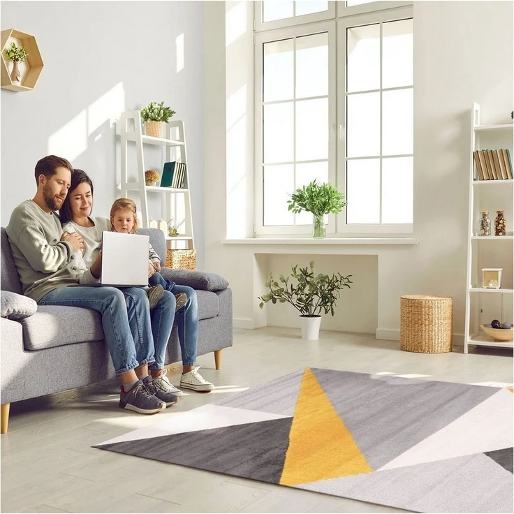 Vimoda Teppich Teppich Wohnzimmer Schlafzimmer Flur Teppich Geometrisches Muster Gelb, Rechteckig, Läufer Schlafzimmer Gelb – Bild 2
