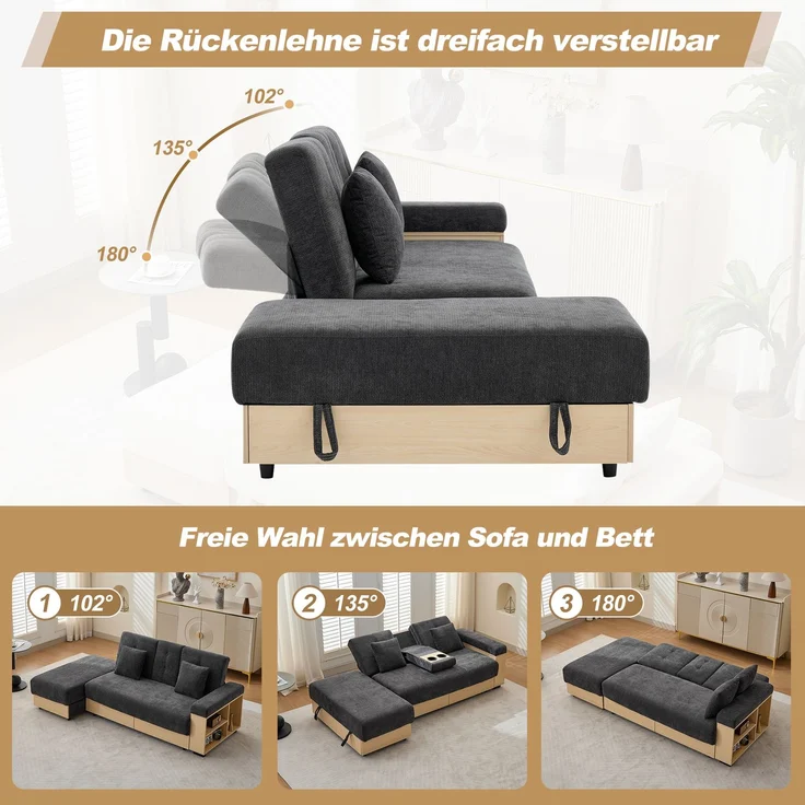 Merax Wohnlandschaft Sofa mit Stauraum, 3-fach verstellbarer Rückenlehne, Schlafsofa mit Schubladen, Chenille-Stoff, Getränkehalter & Stauraumhocker, grau – Bild 8