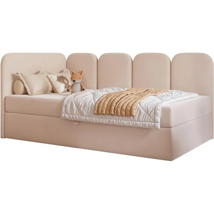 Compleo Boxspringbett Jugendbett DREAMY, Polsterbett mit Bettkasten, 80/90/100/120x200, Kopfteil links oder rechts, Boucle oder Velvet – Bild 1