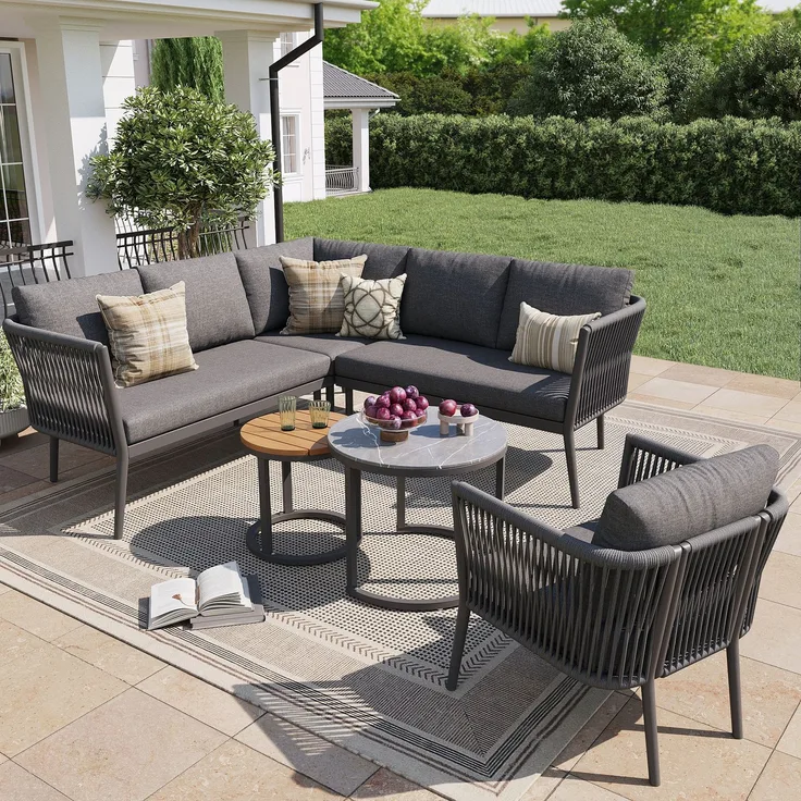Merax Gartenlounge-Set für 5-6 Personen, 6-Sitzer Gartenmöbel-Set Sitzgruppe mit 2 stapelbaren Couchtische, grau