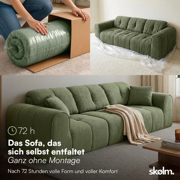 skølm 'Vanaheim' Sofa 3 Sitzer mit 2 Kissen, Cloud Sofa dunkelgrün, Chenille-Stoff, Vollschaumcouch mit Federkern und Vakuum-Kompression, kein Aufbau erforderlich – Bild 3