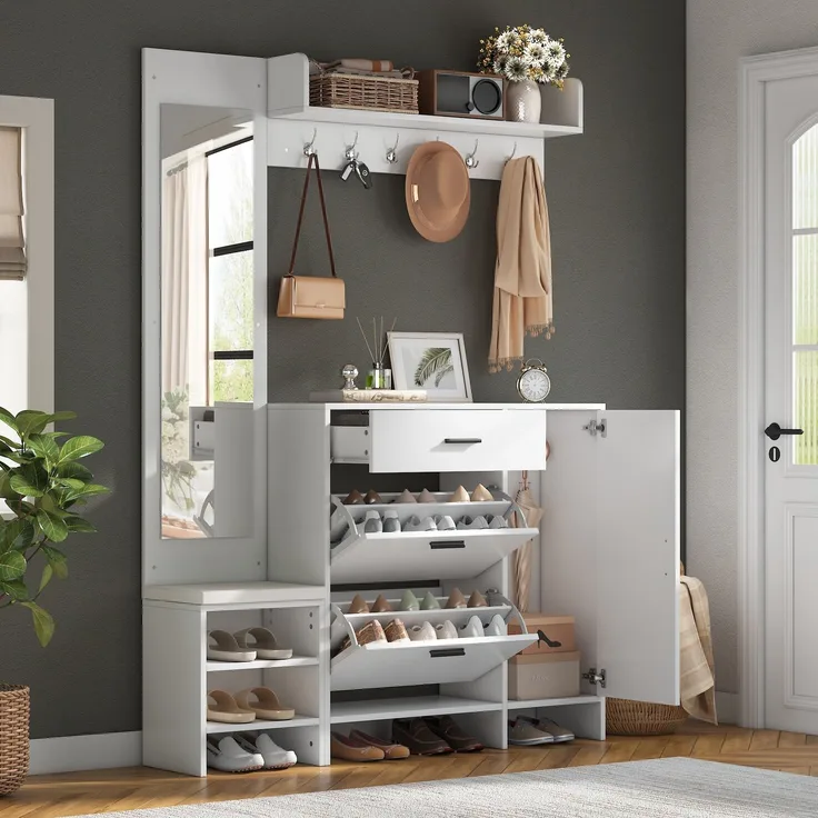 Merax 200cm Garderobenständer für den Eingangsbereich, inklusive Schuhschrank, Spiegel und Kleiderhaken, multifunktionaler Schuhschrank mit Schuhwechselbank, für Flur Eingangsbereich, Weiß