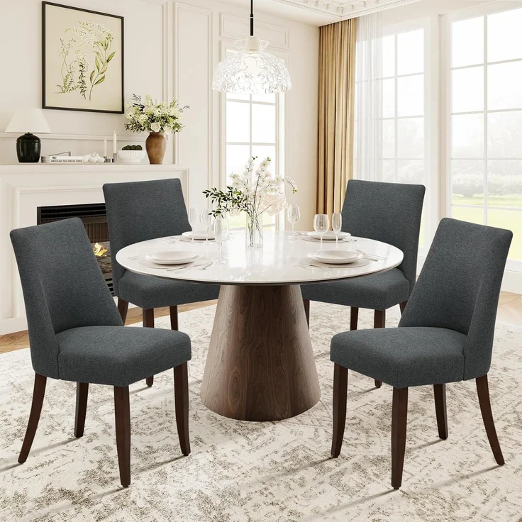 COLAMY Esszimmerstühle 4er Set, Moderne Küchenstuhl Polsterstuhl Stühle mit Rückenlehne, Stoff Dining Chairs mit Holzbeinen für Esszimmer, Küche, Restaurant mit Holzbeinen, Dunkelgrau – Bild 1