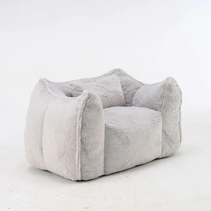 Großer Sitzsack-Sessel mit Kunstfellbezug und Kissen, weicher Loungesitz mit Schaumstoffflocken ohne Montage für Wohnzimmer, Grau – Bild 17