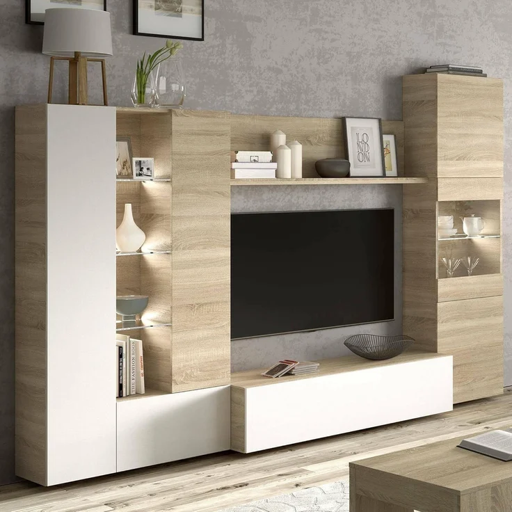Dmora - Wohnzimmermöbel Raleigh, modulares TV-Ständer-Wohnzimmerelement, Wohnzimmerkomposition mit Wandelementen und Vitrinen und LED-Licht, 260 x 42 x 185 cm, Eiche und Weiß – Bild 1