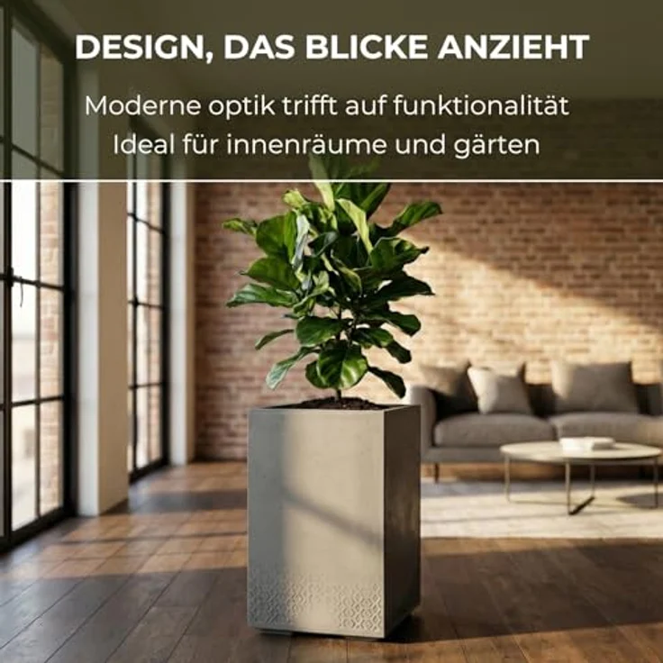 LAMELA Pflanzkübel mit Rollen Höhe 60 cm, 36L – Blumentopf aus Kunststoff in Betonoptik – Übertopf mit Wasserablauf – Modern für Innen & Außen - Wetterfest & Pflegeleicht, Grau – Bild 4