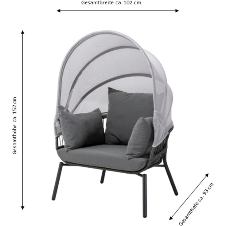 LECO Sessel mit Fußhocker CLARA, Sonnendach, Polsterauflage und Kissen grau, Stahlrohrgestell anthrazit, Sessel 102x93x 52 cm, Hocker 89x48x36 cm – Bild 3