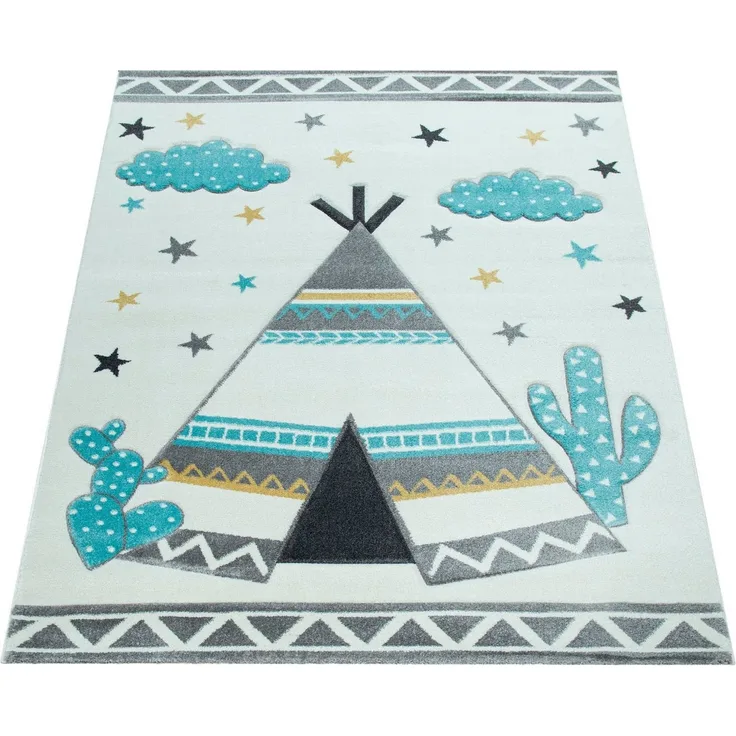Paco Home Kinderteppich Ela 215, rechteckig, Höhe: 16 mm, Kurzflor, 3D-Design, Motiv Zelt, Wolken & Sterne, Kinderzimmer