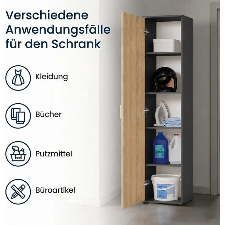 Home Collective Mehrzweckschrank Schmaler Schrank 40 cm breit mit 1 Tür & 4 Einlegeböden (Universalschrank Haushaltsschrank für Haushalt, Flur, Büro oder Schlafzimmer) 40x35x184 cm (BxTxH), Anthrazit-Artisan – Bild 4