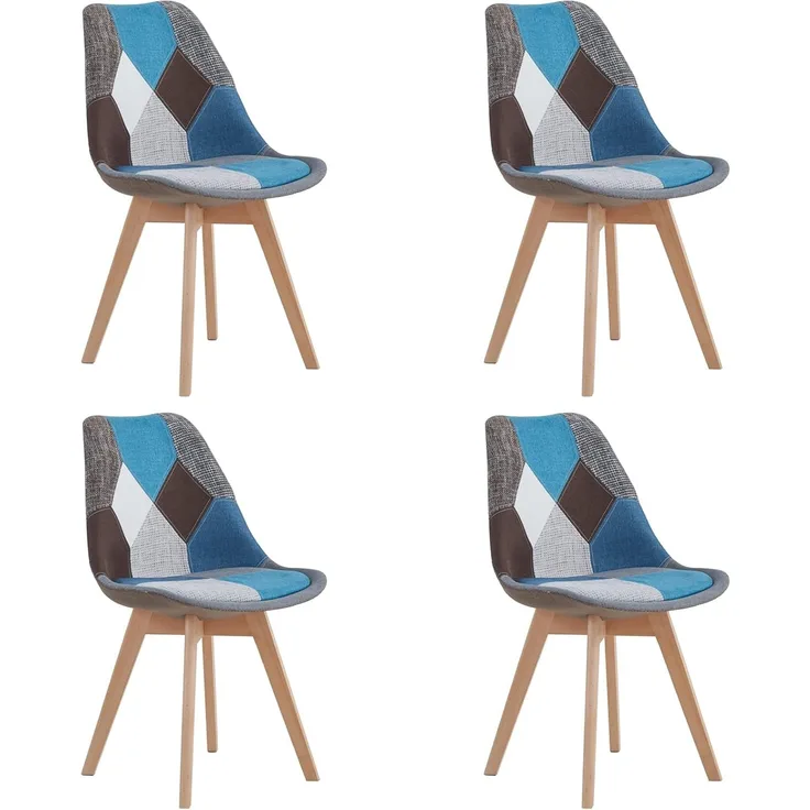 HJhomeheart Set aus 4 Esszimmerstühlen aus Patchwork-Stoff mit abnehmbarem Sitzkissen und Massivholzbeinen für Esszimmer, Wohnzimmer, Küche usw. (Blau Patchwork)