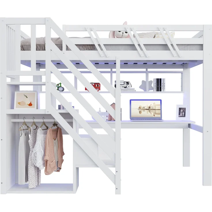 Rayofly-Massivholz Kinder Hochbett 140x200 cm, Stauraumtreppe, Schreibtisch, USB-Steckdose, LED-Licht, Jugend- und Einzelbett, H 140cm x T 200cm x B 140cm, Weiß – Bild 9
