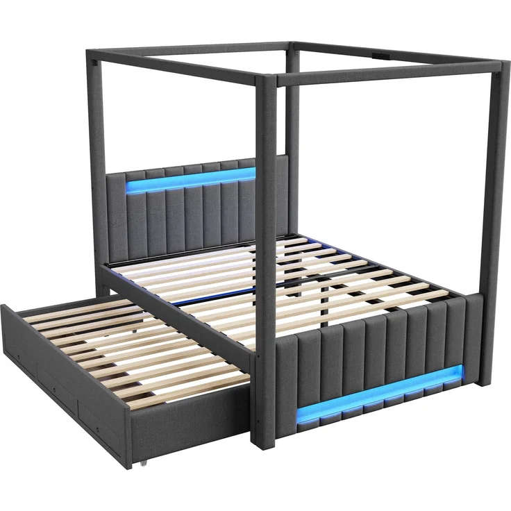 140x200 cm großes Polster-Himmelbett mit Ausziehbett und drei Schubladen, LED-Beleuchtung, Grau – Bild 10
