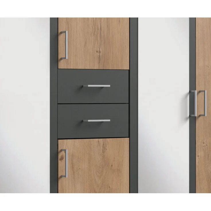 Drehtürenschrank Kleiderschrank 225cm Schubkästen Spiegel Eiche Dekor und Grafit – Bild 4