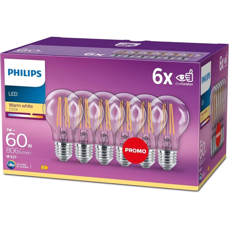 Philips LED Classic E27 Filament Lampen 6-er Pack (60 W), LED Lampen mit warmweißem Licht, energiesparende LED Beleuchtung mit langer Nutzlebensdauer – Bild 1