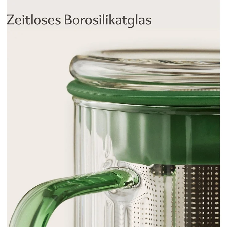 Cosumy Teeglas Teetasse mit Deckel und Sieb 450ml Grün, 1-tlg, Borosilikatglas, Edelstahl, Kork, Edelstahlfilter – Bild 3